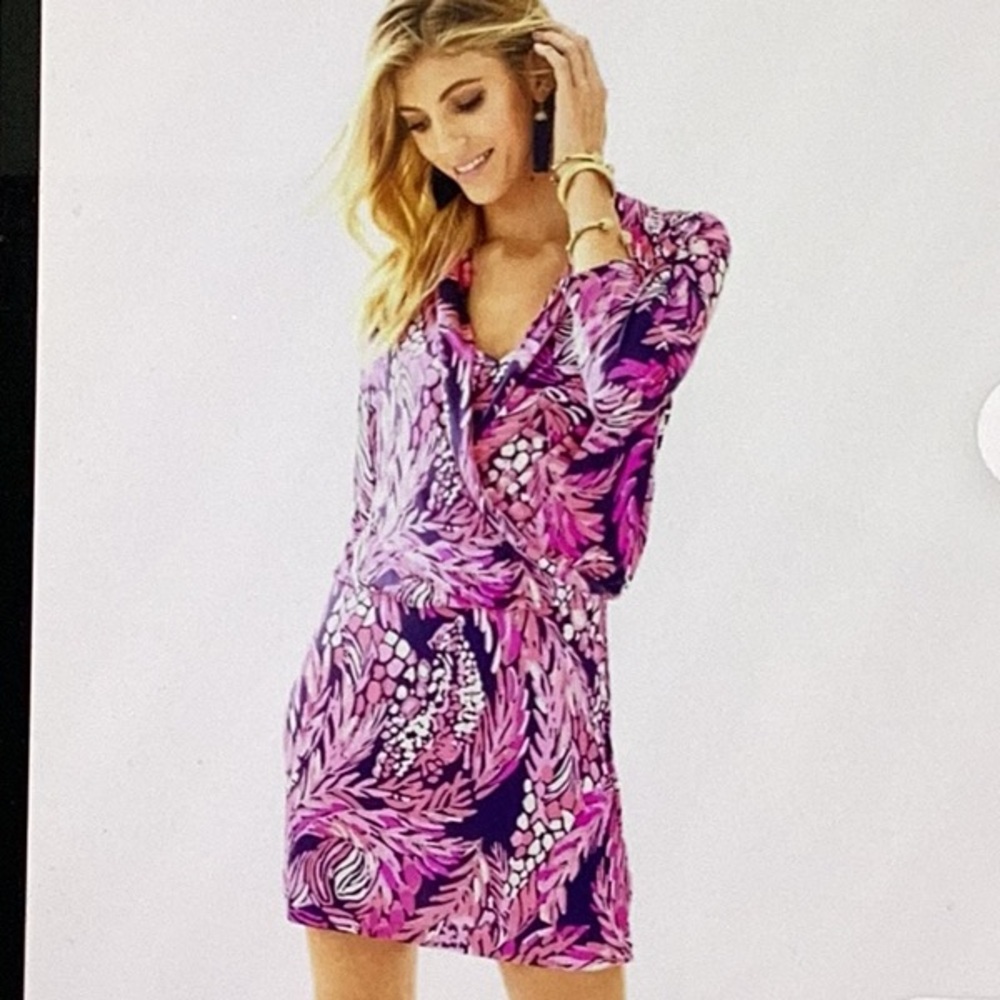 Lily Pulitzer Felizia Silk Dress in Bright Navy and Pink,  “A Jungle In Here”.